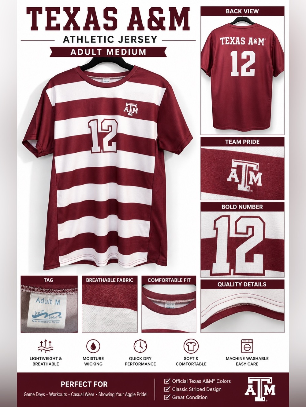RARE Vintage Maroon & White Texas A&M Aggies Rawlings Jersey Adult M 12th Man
